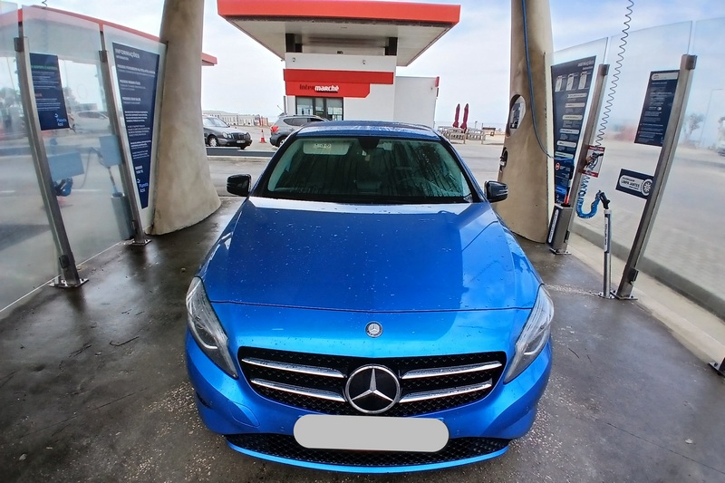 Blue Mercedes at a car wash shortly before delivery in Lisbon